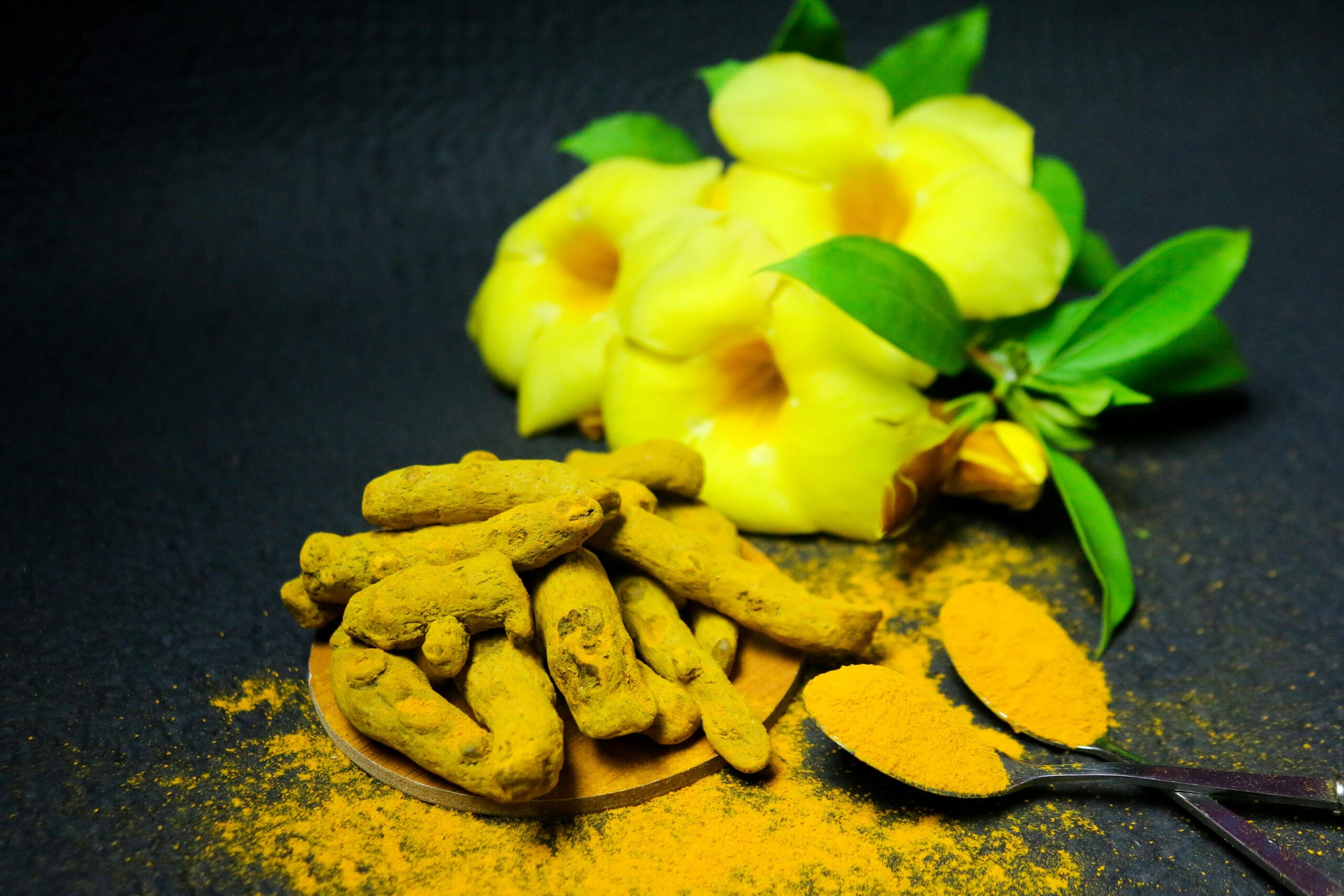 Vivid close-up of turmeric roots and powder with yellow flowers on dark background.